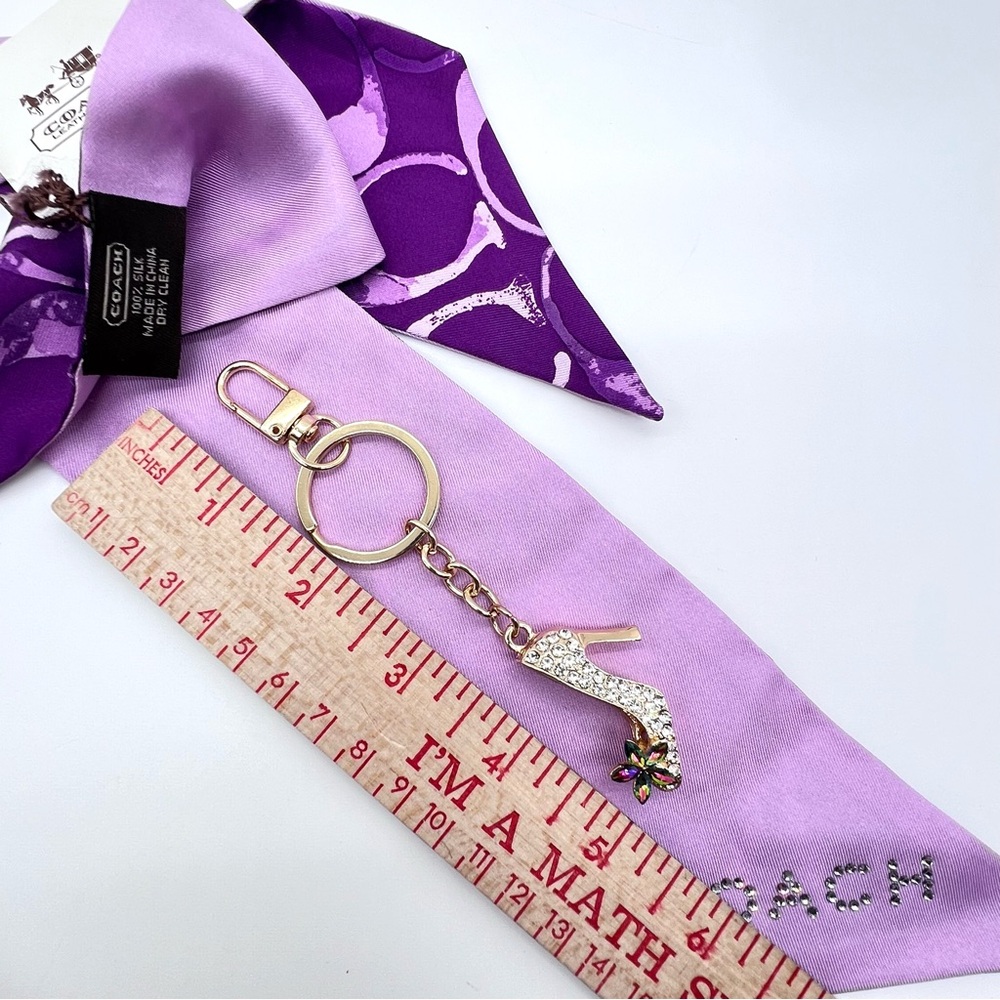 Coach Purple Signature Bag Scarf + Unbranded Crystal High Heel Bag Charm Set NEW - Picture 16 of 16